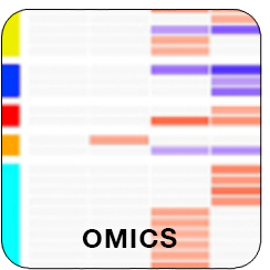 Square graphical button with a data in tabular form and the word omics vertically on the left